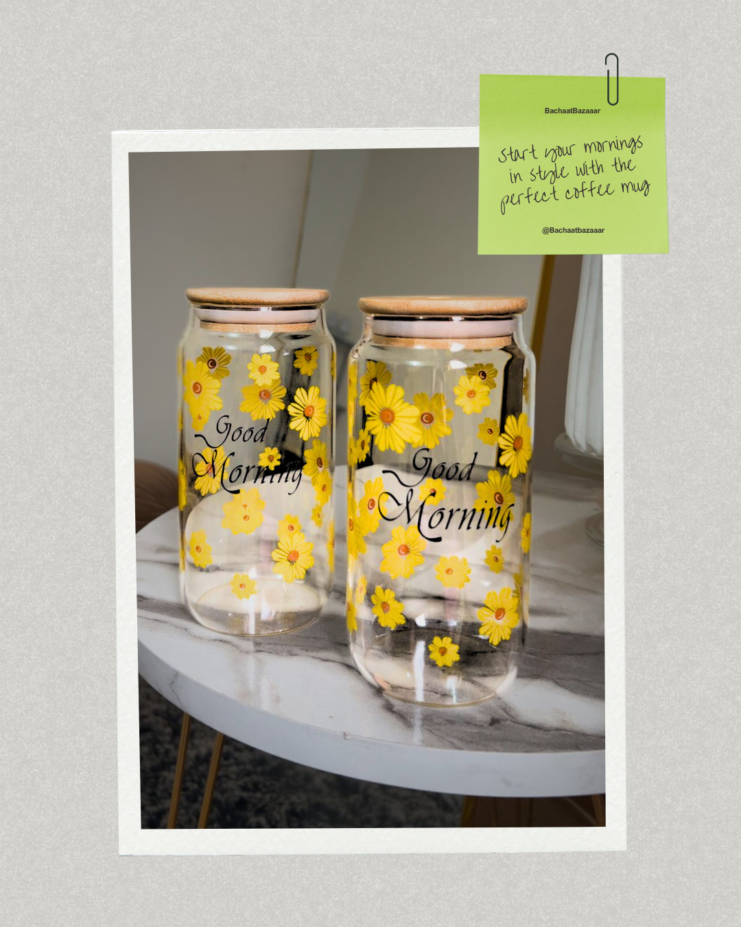 500ml Yellow Floral Good Morning Glass Mug with Glass straw