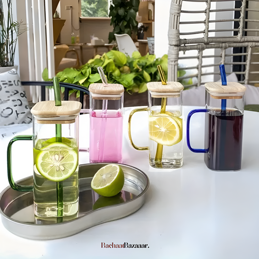 1pc Square Tea And Coffee Glass Mug with Wooden Lid And Colored Glass Straw