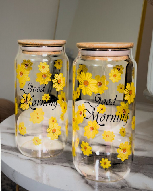 500ml Yellow Floral Good Morning Glass Mug with Glass straw
