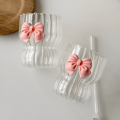 Elegant High-Quality Glass Coffee Cup with Pink Bow