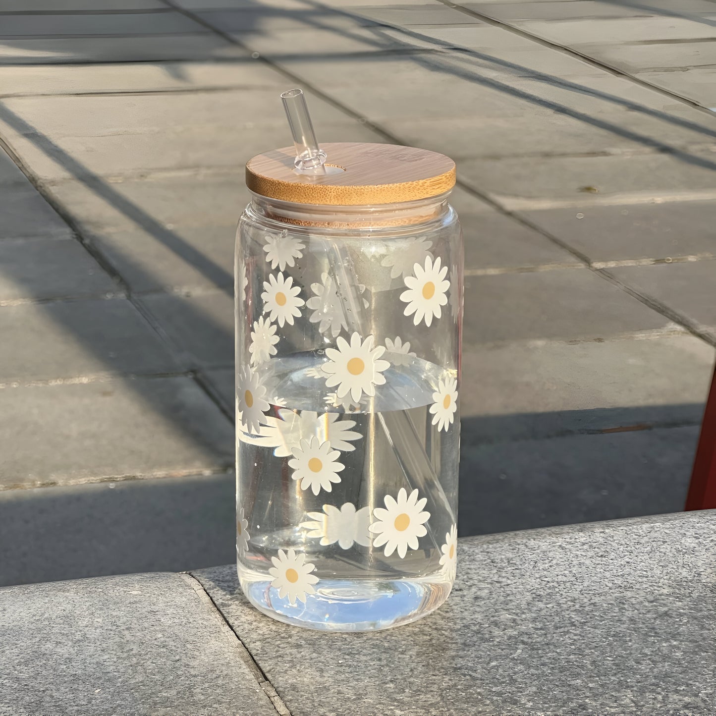 Daisy Print Reusable Glass Mug with Straw & Bamboo Lid