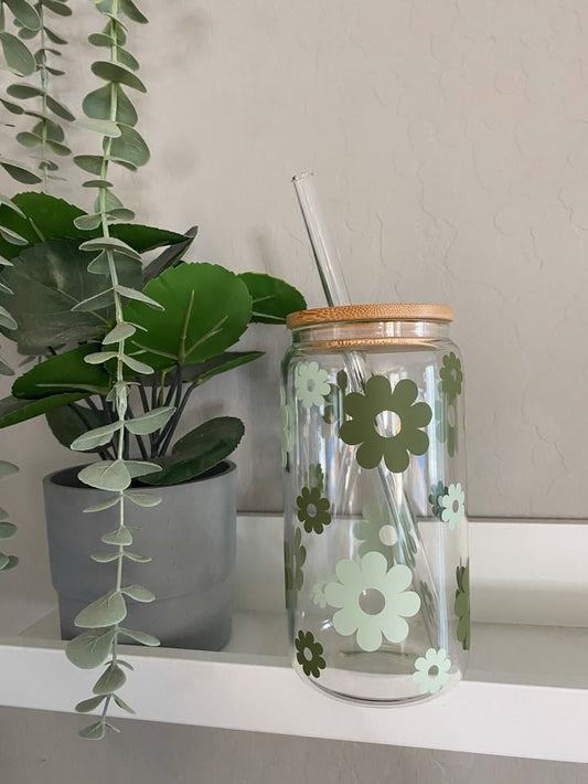 Daisy Pastel Print Glass Jar with Straw & Wooden Lid