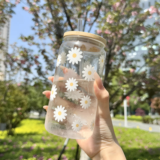 Daisy Print Reusable Glass Mug with Straw & Bamboo Lid