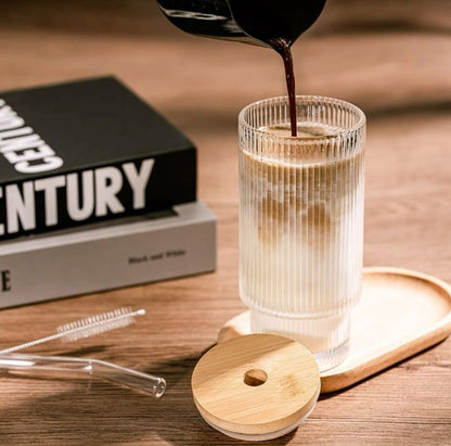 500ml Ribbed Glass cup with bamboo lid and Glass Straw