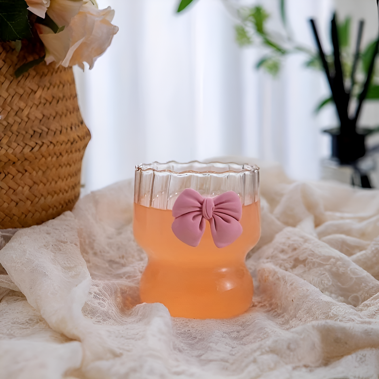 Elegant High-Quality Glass Coffee Cup with Pink Bow