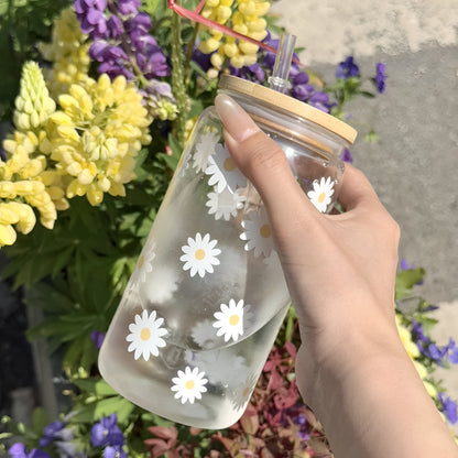Daisy Print Reusable Glass Mug with Straw & Bamboo Lid
