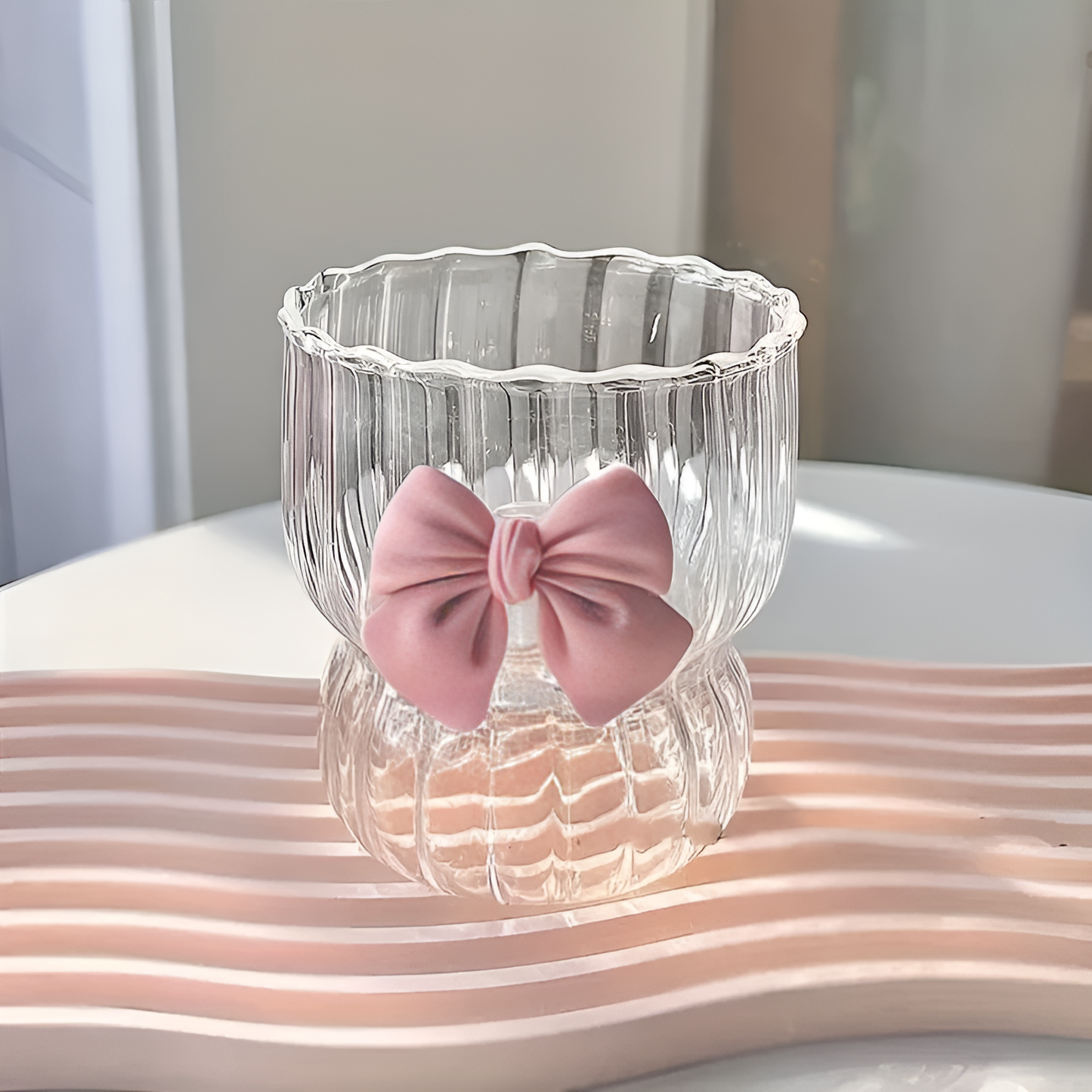 Elegant High-Quality Glass Coffee Cup with Pink Bow