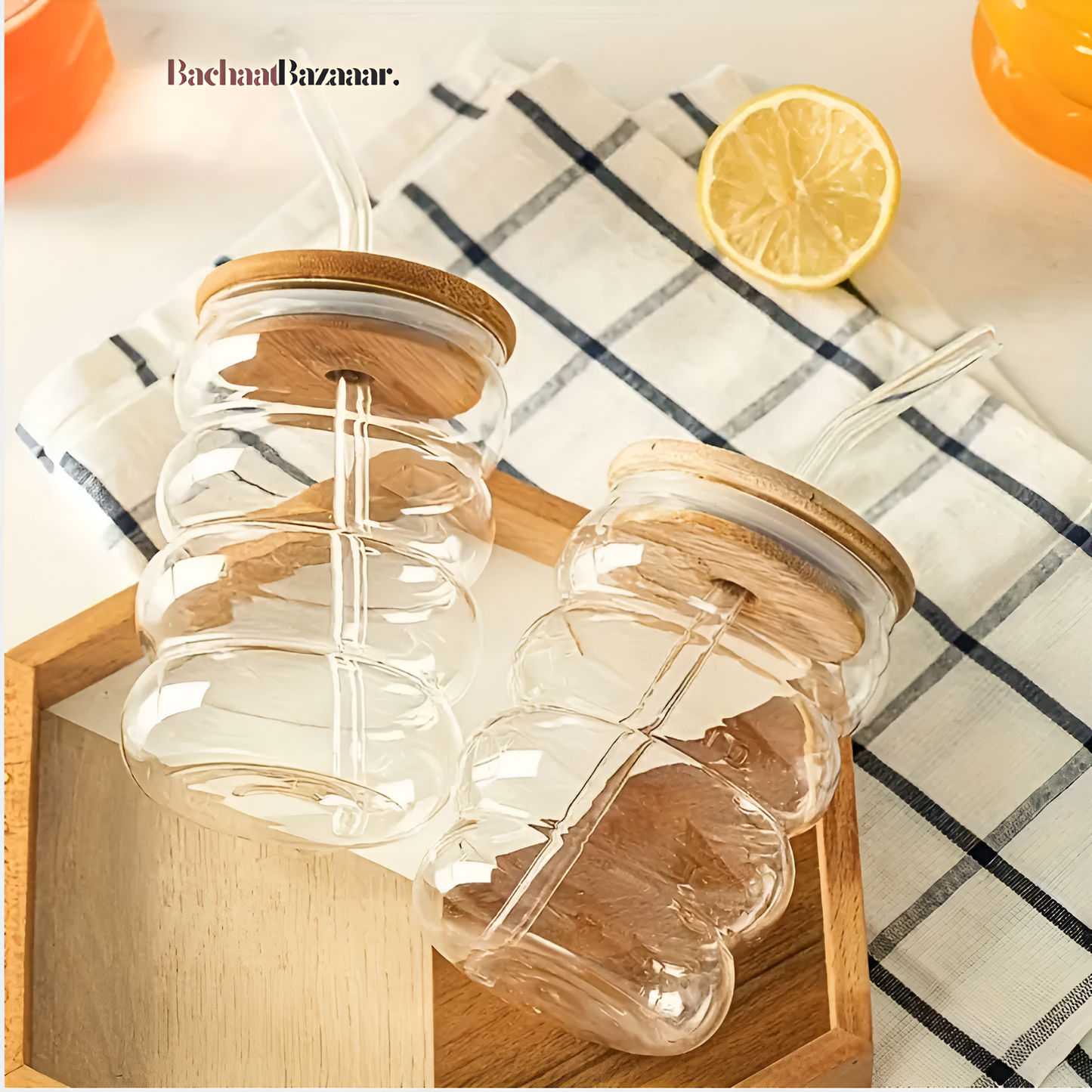 500ml Caterpillar Glass Cups with Bamboo Wooden Lid & Straw. No