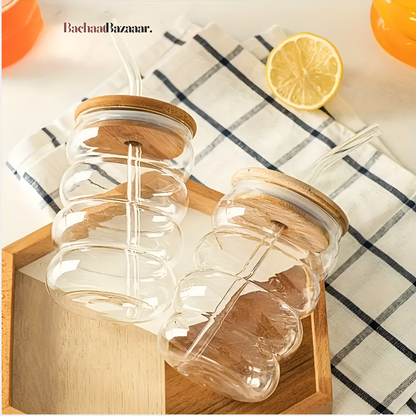 500ml Caterpillar Glass Cups with Bamboo Wooden Lid & Straw. No