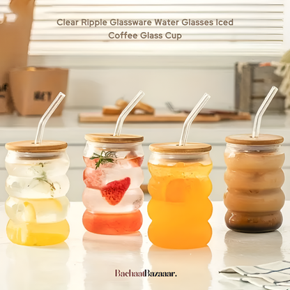 500ml Caterpillar Glass Cups with Bamboo Wooden Lid & Straw. No