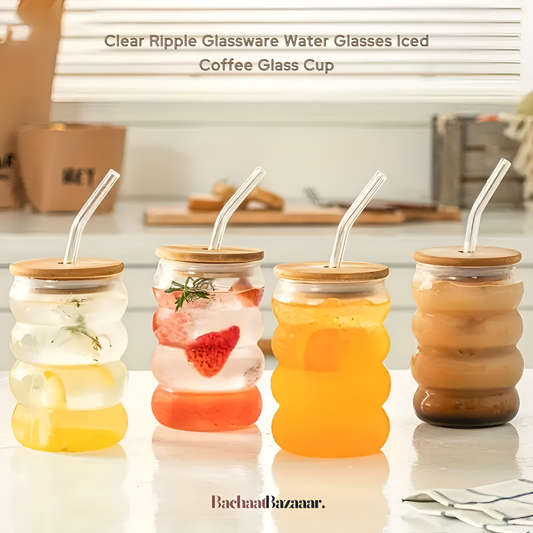 500ml Caterpillar Glass Cups with Bamboo Wooden Lid & Straw. No